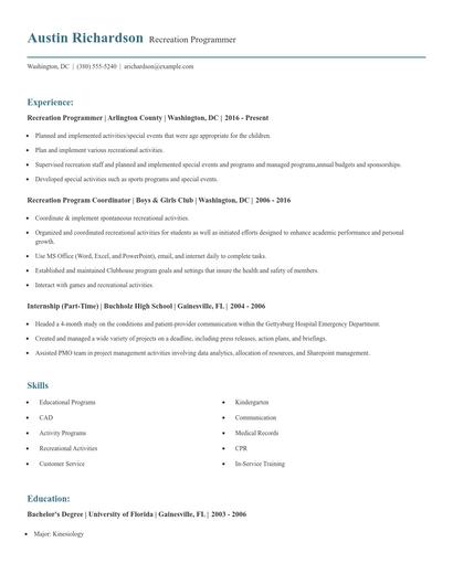 Recreation Programmer Resume