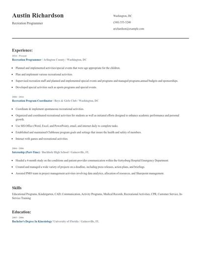 Recreation Programmer Resume