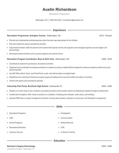 Recreation Programmer Resume