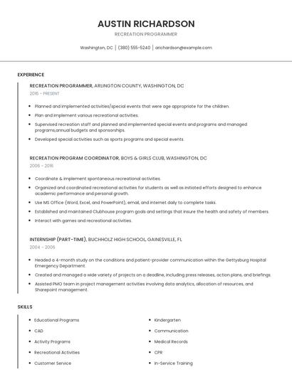 Recreation Programmer Resume