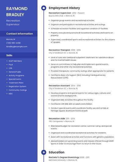 Recreation Supervisor Resume