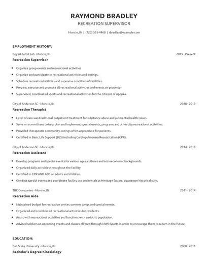 Recreation Supervisor Resume