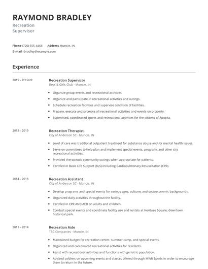Recreation Supervisor Resume