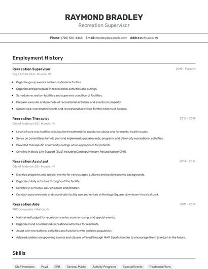 Recreation Supervisor Resume