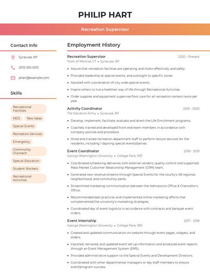 Recreation Supervisor Resume