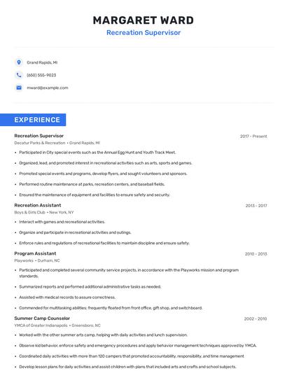 Recreation Supervisor Resume