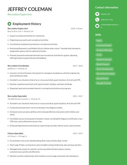Recreation Supervisor Resume