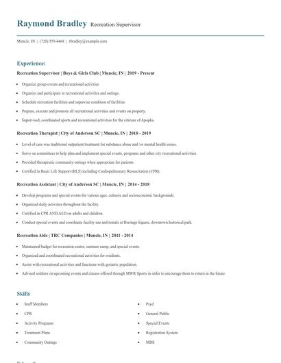 Recreation Supervisor Resume