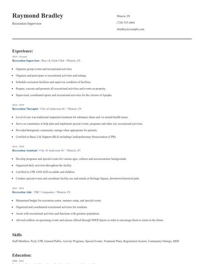 Recreation Supervisor Resume