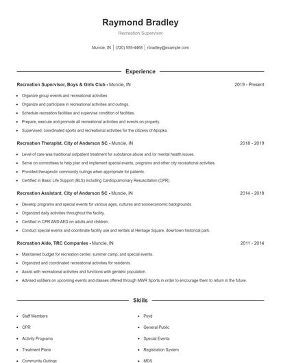 Recreation Supervisor Resume