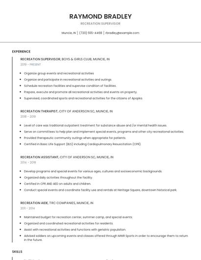 Recreation Supervisor Resume