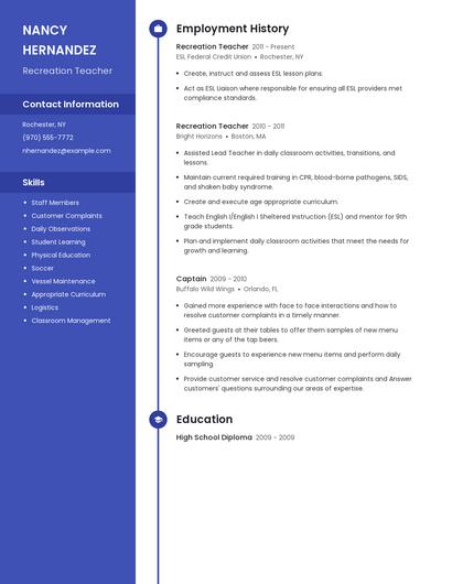 Recreation Teacher Resume