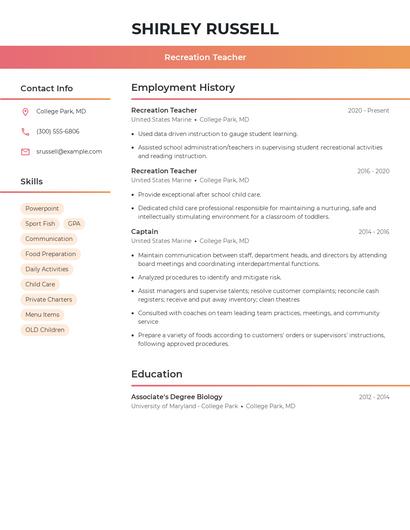 Recreation Teacher Resume