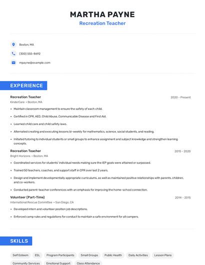 Recreation Teacher Resume