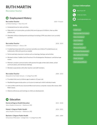 Recreation Teacher Resume