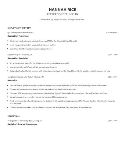 Recreation Technician Resume
