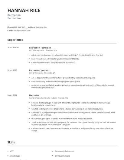 Recreation Technician Resume