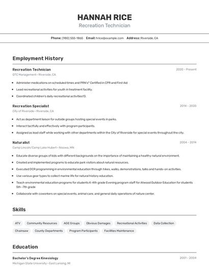 Recreation Technician Resume