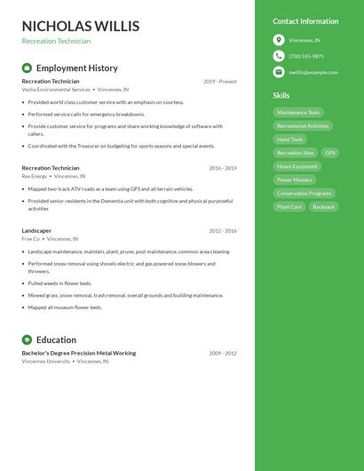 Recreation Technician Resume