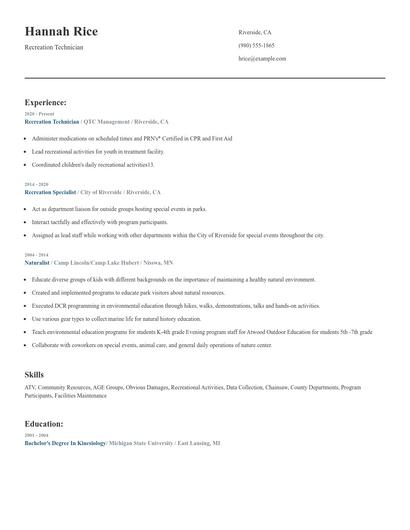 Recreation Technician Resume