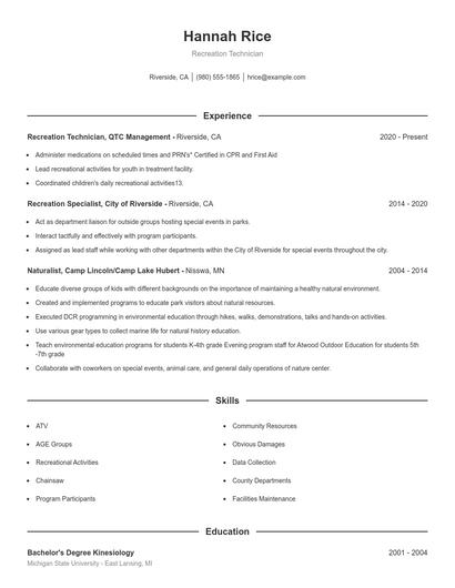 Recreation Technician Resume