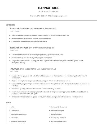Recreation Technician Resume
