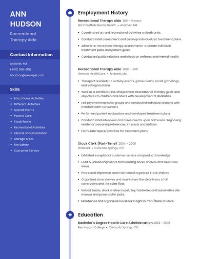 Recreational Therapy Aide Resume