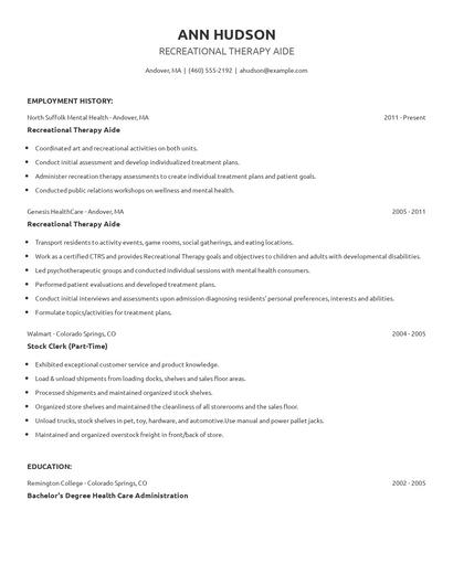 Recreational Therapy Aide Resume