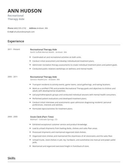 Recreational Therapy Aide Resume