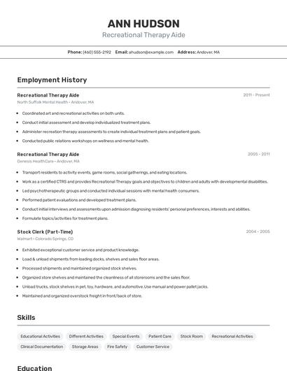 Recreational Therapy Aide Resume