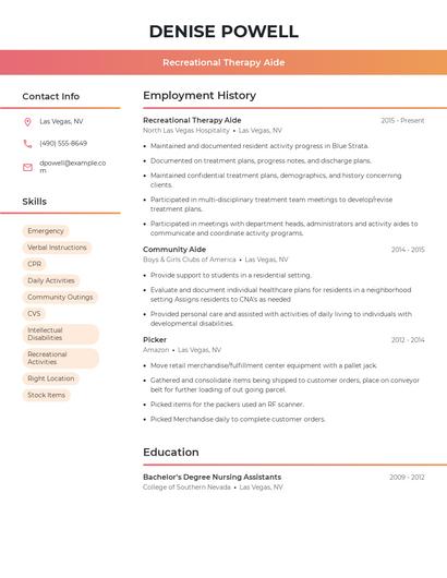 Recreational Therapy Aide Resume