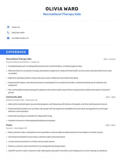 Recreational Therapy Aide Resume