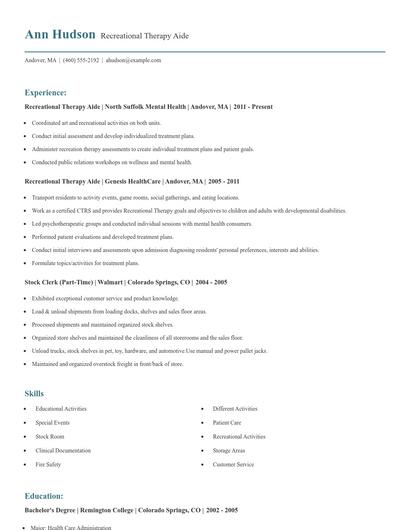 Recreational Therapy Aide Resume