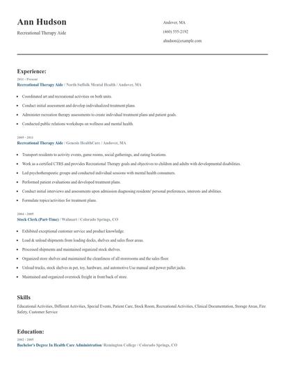 Recreational Therapy Aide Resume