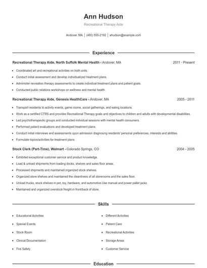 Recreational Therapy Aide Resume