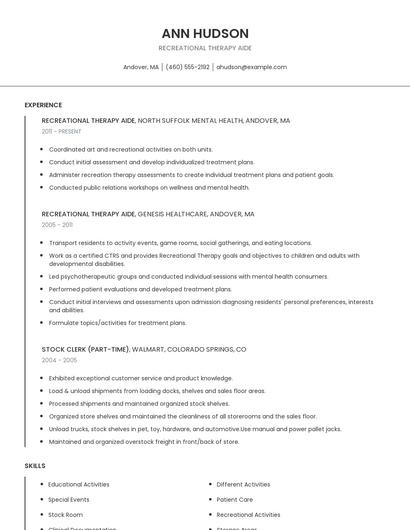 Recreational Therapy Aide Resume