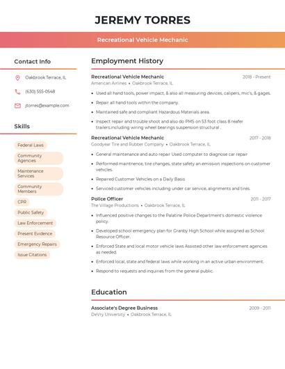 Recreational Vehicle Mechanic Resume