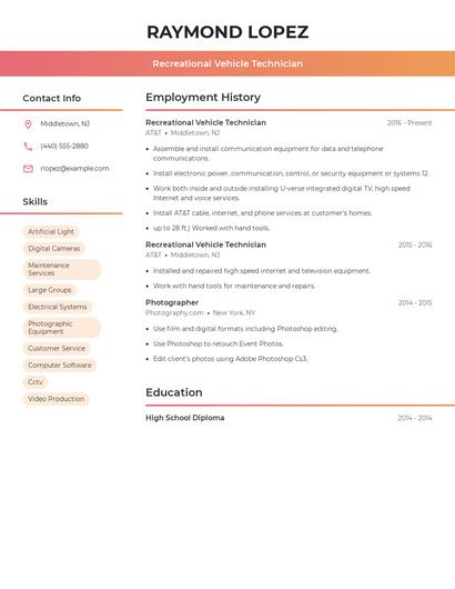 Recreational Vehicle Technician Resume
