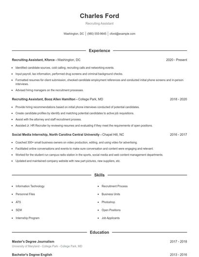 Recruiting Assistant Resume