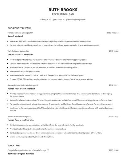 Recruiting Lead Resume