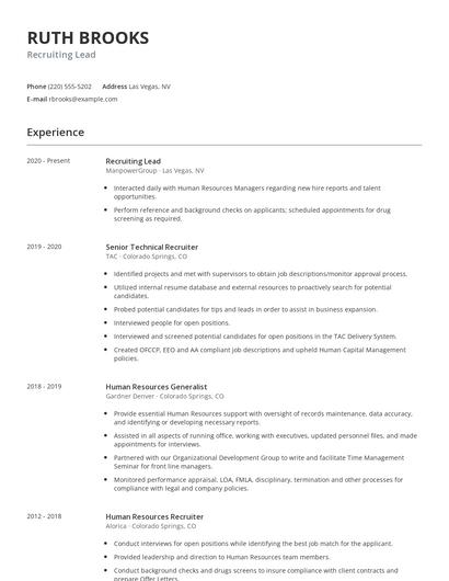 Recruiting Lead Resume