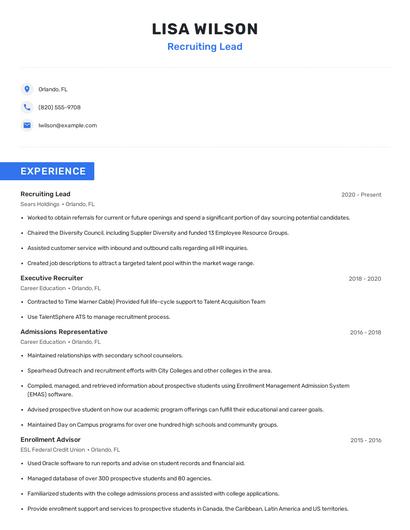 Recruiting Lead Resume
