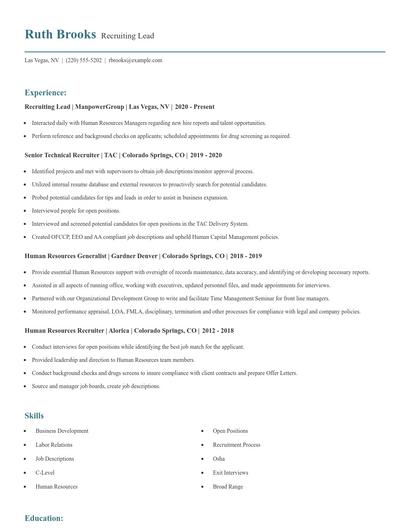 Recruiting Lead Resume
