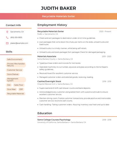 Recyclable Materials Sorter Resume