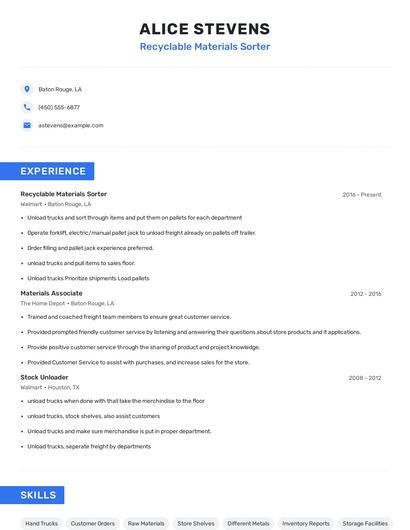 Recyclable Materials Sorter Resume