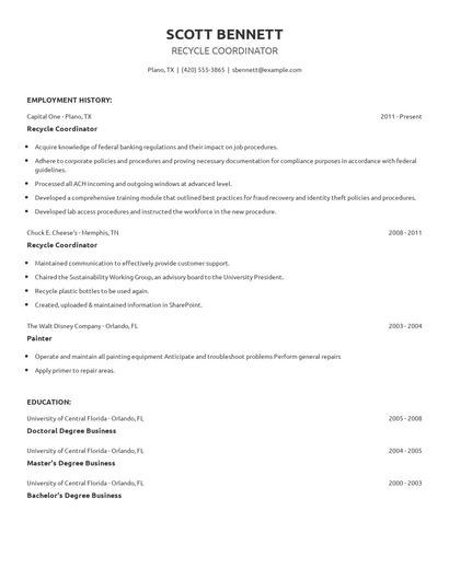 Recycle Coordinator Resume