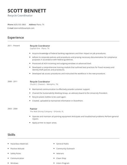 Recycle Coordinator Resume