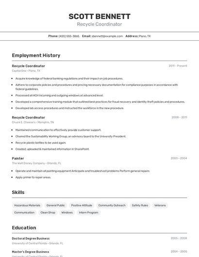 Recycle Coordinator Resume