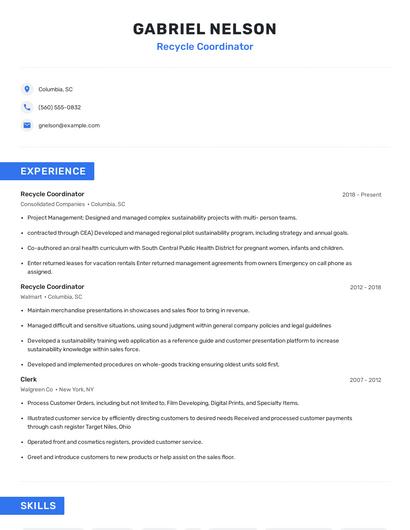 Recycle Coordinator Resume