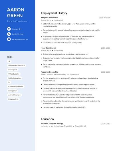 Recycle Coordinator Resume